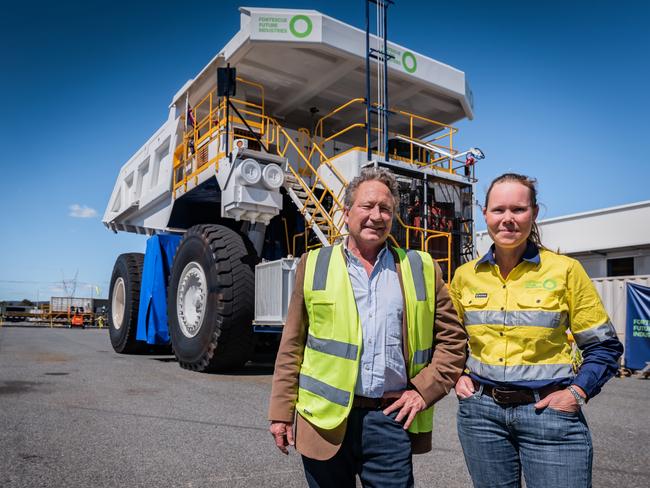 EMBARGOED MONDAY 18th October 2021 .  PERTH:Sept 13, 2021: Andrew Forrest, Chairman, and Julie Shuttleworth, Fortescue Future Industries CEO at the FMG Hazelmere facility near Perth in Western Australia. Pic:Tony McDonough