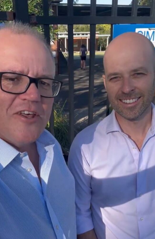 Former Prime Minister Scott Morrison with Liberal candidate for Morrisons seat of Cook, Simon Kennedy at Lilli Pilli school poling station this morning. Picture: X