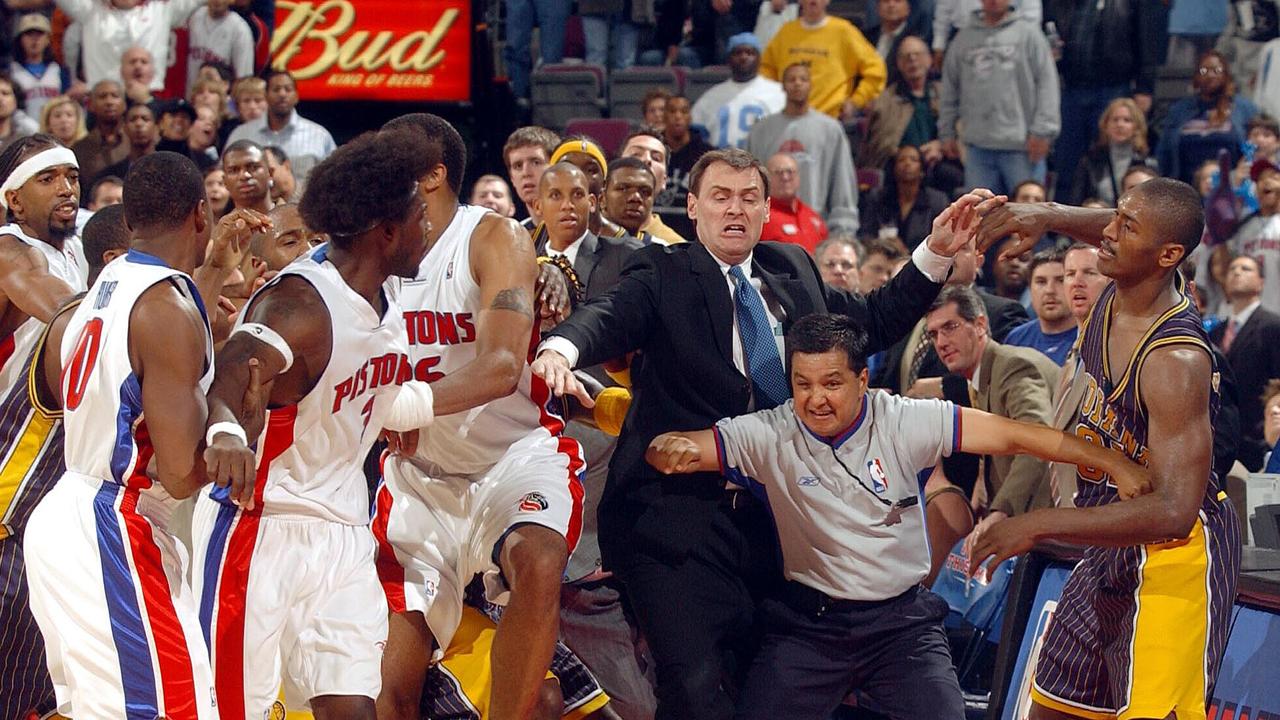 Detroit and Indiana players clash in the NBA.