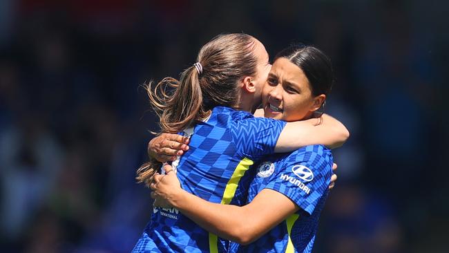 Sam Kerr celebrates with Guro Reiten of Chelsea. Photo by Catherine Ivill/Getty Images.