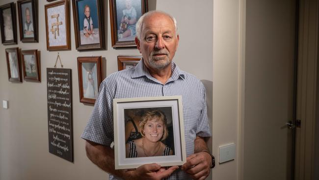 Ian Aranyosi with a photo of his wife Heather who died after a head-on collision in 2019 on the Hamilton Hwy. Picture: Brad Fleet