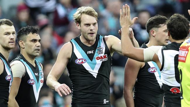 Port Adelaide’s Jack Watts celebrates a goal in the Power’s Round 16 clash against St Kilda at Adelaide Oval. Picture SARAH REED