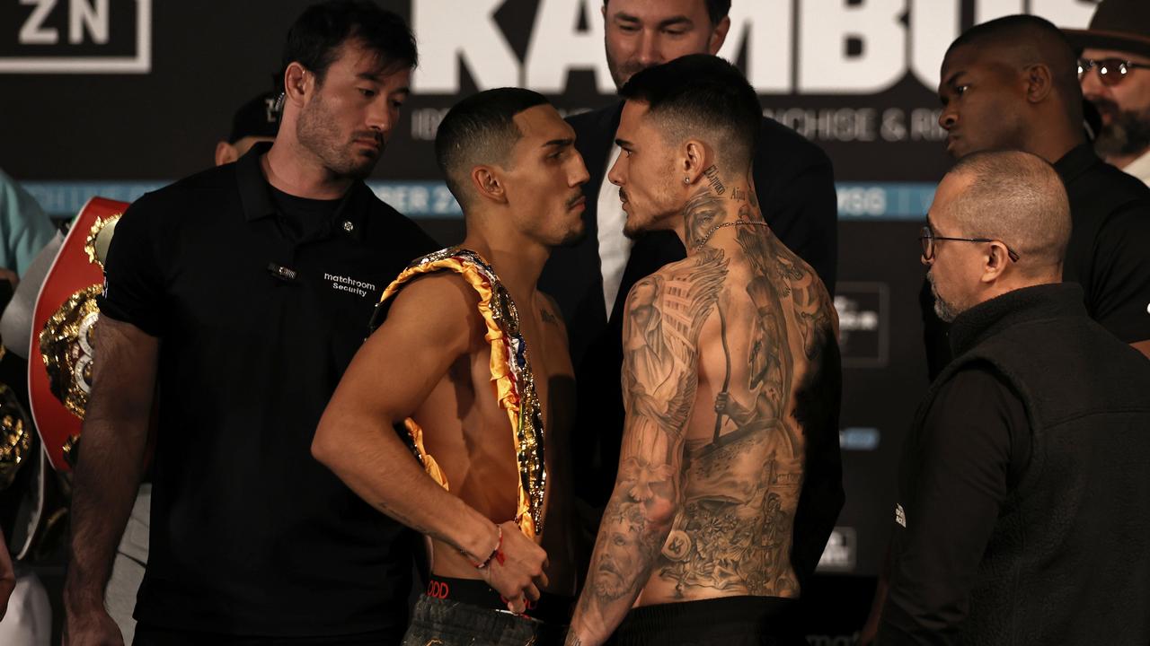 Teofimo Lopez, left, and George Kambosos face off during their weigh-in on November 26, 2021 in New York. Photo: Getty Images