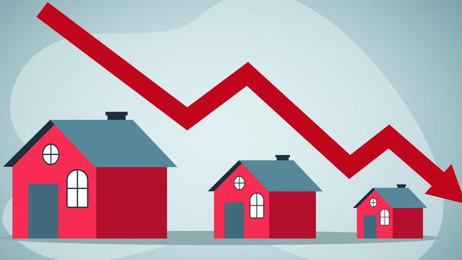 Housing price falling down, real estate and property crash, value drop or decline, home loan or mortgage risk concept.