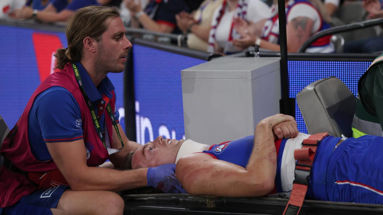 Luke Cleary was stretchered off the ground on Saturday night after colliding with Jackson Archer. Picture: Daniel Pockett/Getty Images