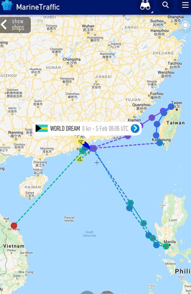 The route taken by the World Dream, which is currently stranded in Hong Kong after eight former passengers tested positive for the deadly coronavirus. Picture: Marine Traffic/Twitter