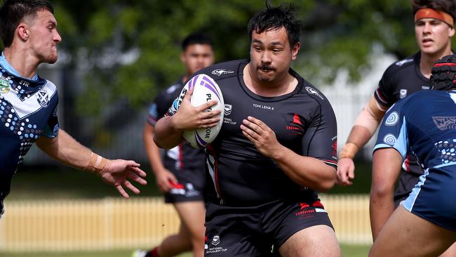 NRL Schoolboy Cup - Endeavour Sports v Matraville Sports at Mascot Oval with Endeavour running out 46-6 winners. Endeavour's Izayah Tuigamala tries to break a tackle. Picture: Toby Zerna