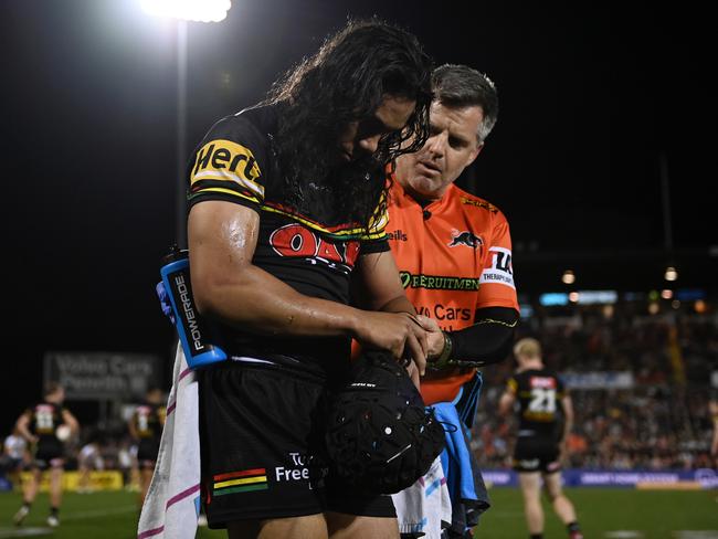 Jarome Luai suffered a dislocated shoulder injury just weeks away from the 2023 NRL finals series. Picture: NRL Imagery.