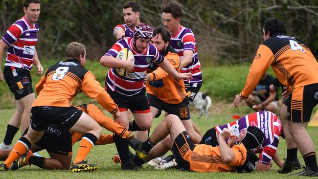 James “Jimmy” Sorbello charging up the middle of the field. Photographs from the Ingham Cutters Rugby Club round of home games and Ladies Day at Brothers Sport Club in Cooper Street on Saturday. Picture: Cameron Bates