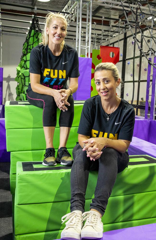 Olga Faataape (back) and Netta Rizk from Fun Fit Play. Picture: AAP Image/Richard Walker