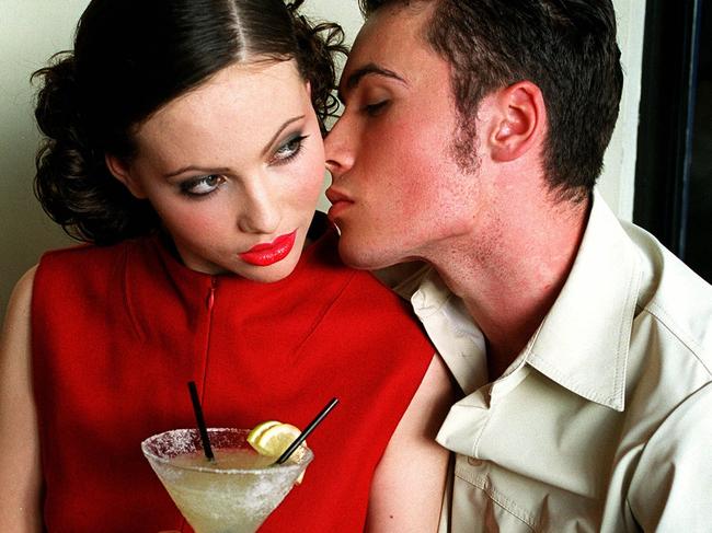 13/06/2000 PIRATE: 11/06/2000. Generic relationship flirting series /Brisbane models Francesca and mark Ray/Cash Pics love romance man woman kissing cocktail liquor drink hands