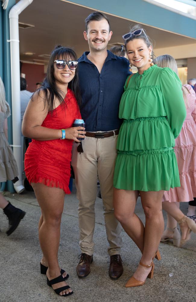 Ange Barkle, Paul Nobbs and Alice Cartwright at the Gympie Muster Races. Saturday, August 19,. 2023. Picture: Christine Schindler