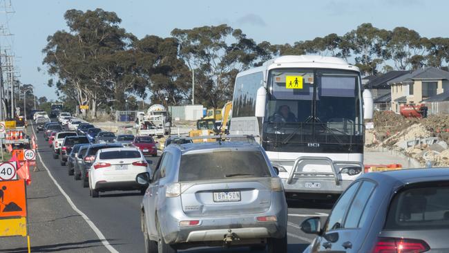 Traffic banked up on Mickleham Rd during the morning peak. Picture: Rob Leeson