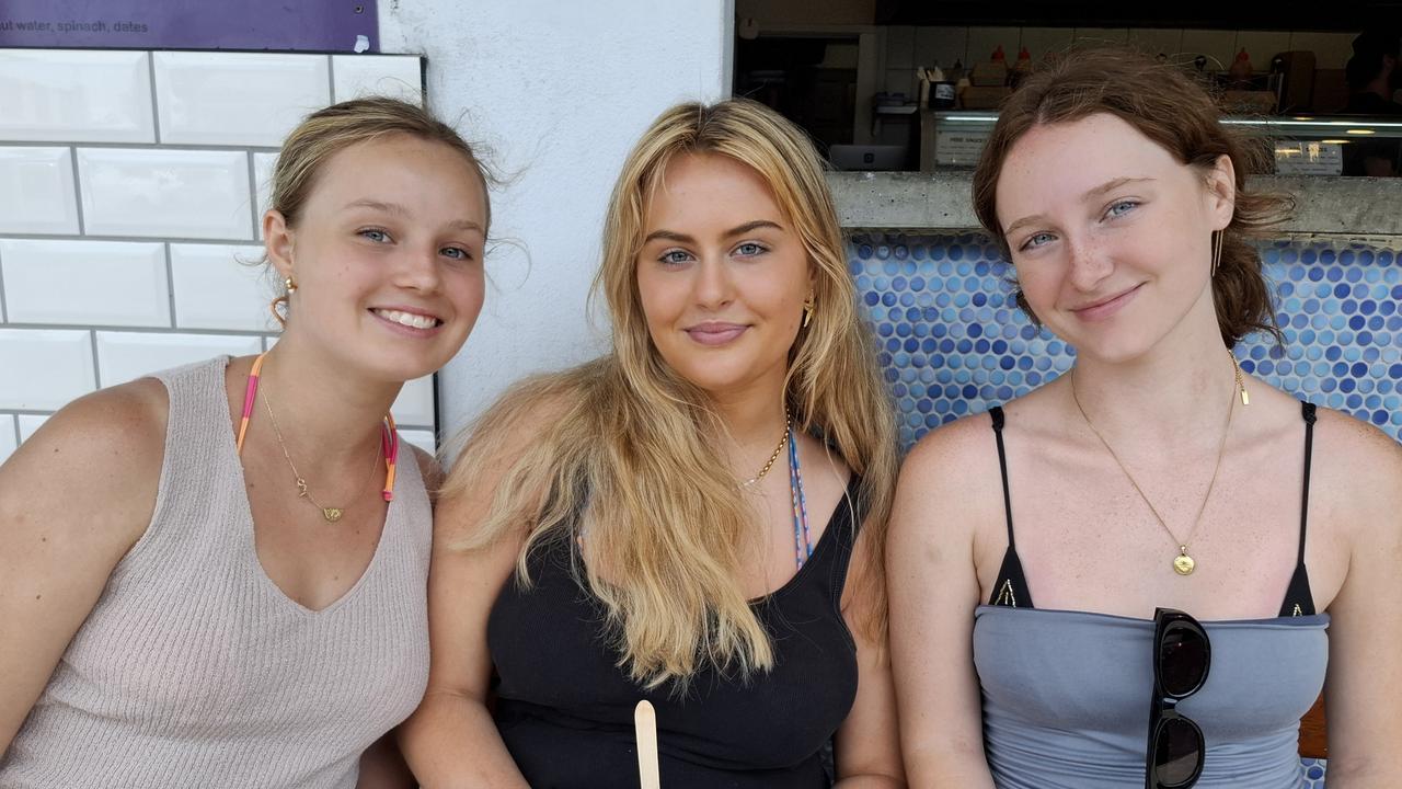 Charlotte Dihm, 18, Cait Small, 17 and India Ellis, 18, at Byron Bay Schoolies celebrations on November 28, 2024. Picture: Sam Stolz / News Local.