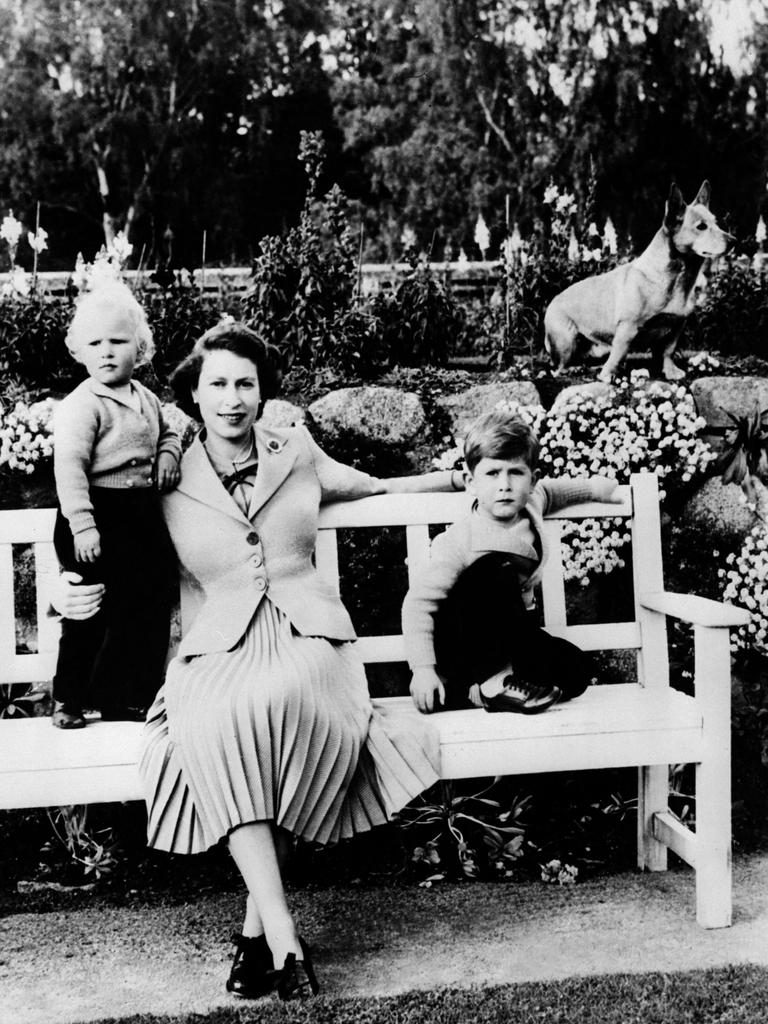 Her majesty, pictured with children Charles and Ann, received her first corgi, Susan, as a gift for her 18th birthday. Picture: AFP