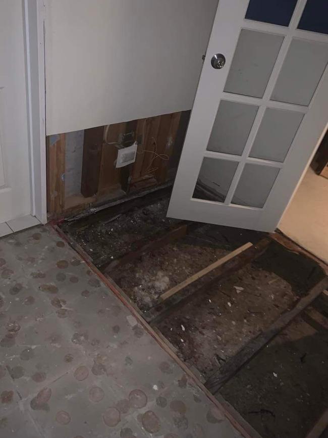 Anjali Habel-Orrell’s home. Exposed floor and walls where mould has been allowed to spread and rodents let inside. Picture: Supplied