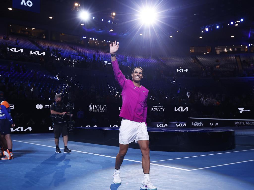 Nadal acknowledges the crowd at Melbourne Park. Picture: Daniel Pockett/Getty Images