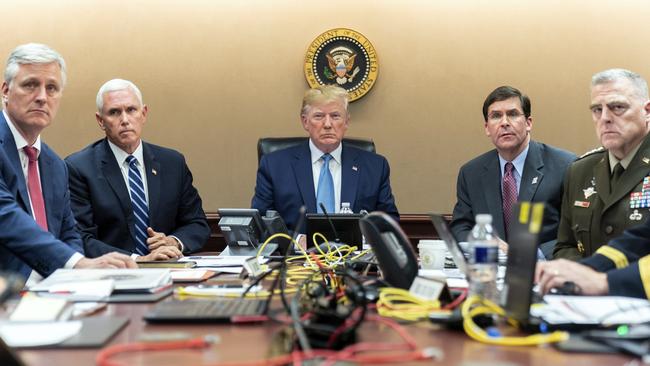 Donald Trump, Mike Pence, national security adviser Robert O’Brien, (L); Secretary of Defence Mark Esper, (2R), and Chairman of the Joint Chiefs of Staff Army Gen. Mark A. Milley, (R) in the Situation Room of the White House monitoring developments as US. Special Operations forces closed in on Abu Bakr al-Baghdadi's compound in Syria.