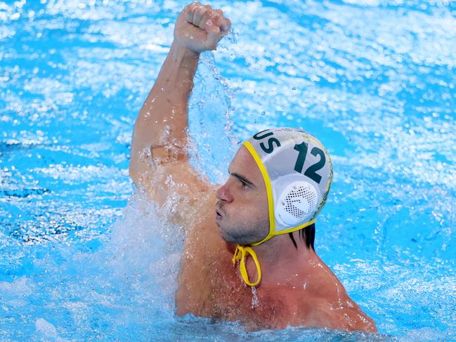 PARIS, FRANCE - AUGUST 03: Blake Edwards of Team Australia celebrates a goal in the Men's Preliminary Round - Group B match between Team Australia and Team Hungary on day eight of the Olympic Games Paris 2024 at Aquatics Centre on August 03, 2024 in Paris, France. (Photo by Clive Rose/Getty Images)