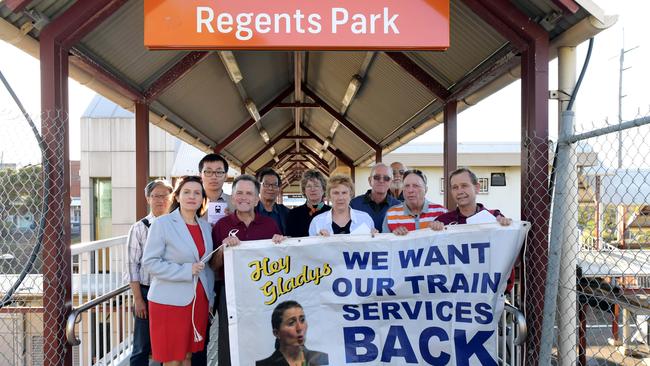 Bankstown MP Tania Mihailuk with members the Restore the Inner West Line group at Regents Park station last September. Picture: Simon Bullard