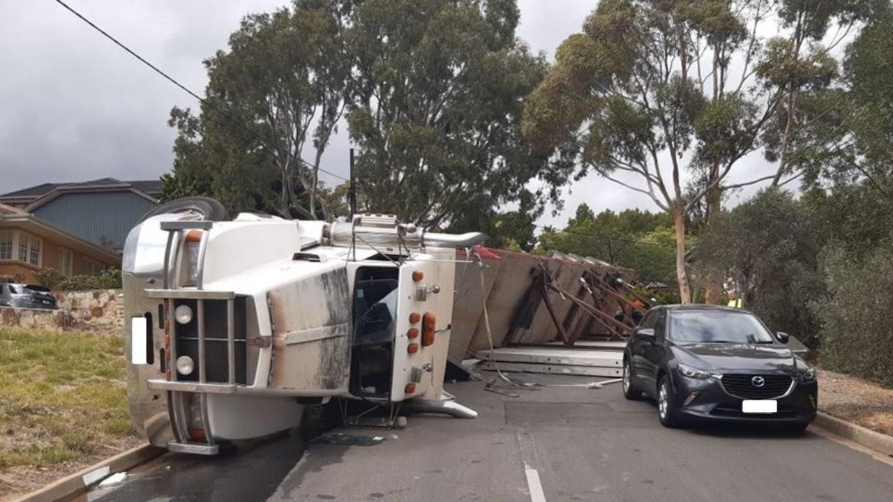 A truck has rolled on Kensington Road near Redounau Cres in Wattle Park. Picture SAPOL