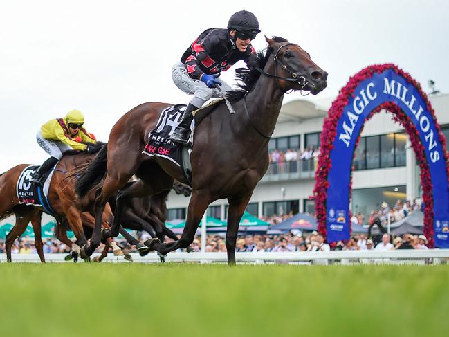 Jockey Luke Currie rides Away Game to victory in race 7, the Magic Millions 2YO Classic, during Magic Millions Race Day at Aquis Park on the Gold Coast, Saturday, January 11, 2020. (AAP Image/Albert Perez) NO ARCHIVING, EDITORIAL USE ONLY