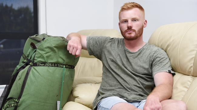 Andrew Pepper at home in Belmont recovering after being run over by a car at the Falls Festival campsite. Picture: Alan Barber