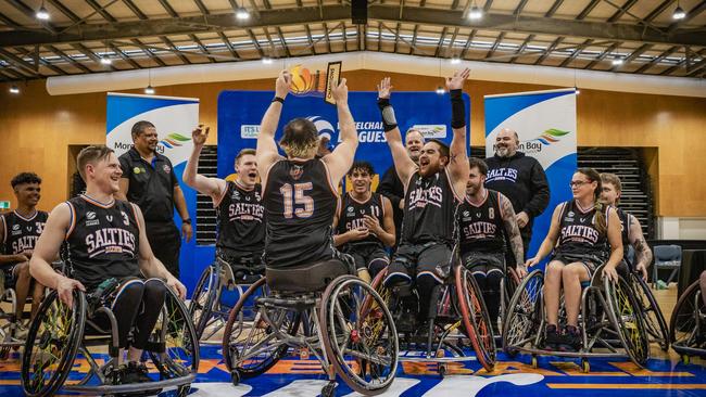 The Darwin Salties Wheelchair team celebrating winning the 2023 championship. Picture: Facebook/Darwin Salties NWBL