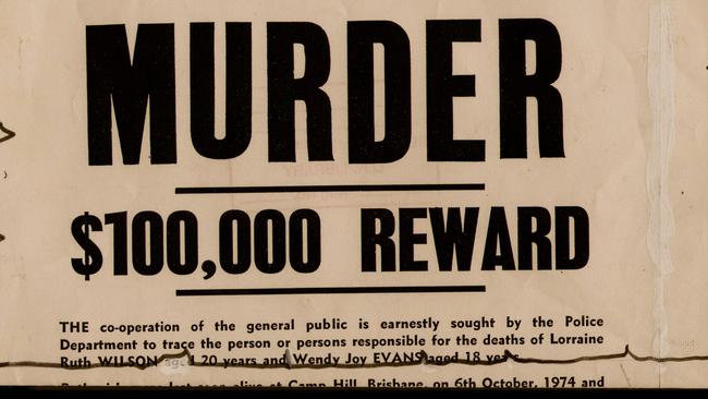 A $100,000 reward poster for information on the Oct 1974 murder of nurses Wendy Joy Evans and Lorraine Ruth Wilson.