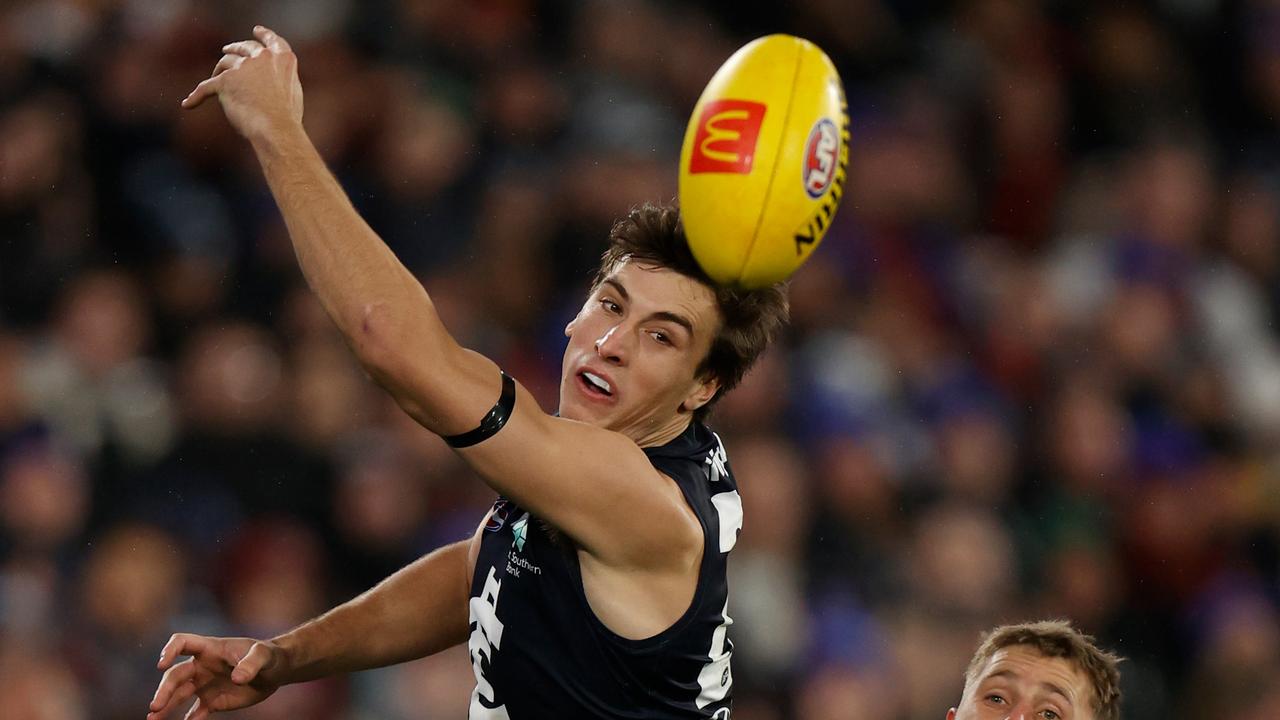 Carlton’s Caleb Marchbank played his first AFL game in almost three years against Essendon on Friday night. Picture: Getty Images