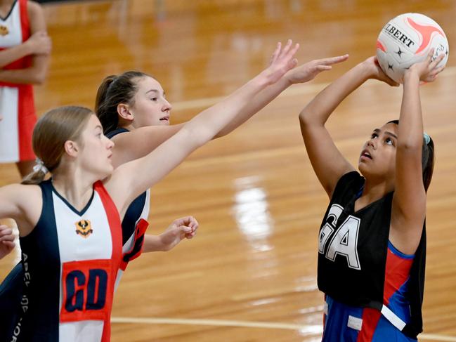 31/5/21 - School Sport SA Sapsasa State Netball Carnival at Mile End. Adelaide North East v Playford on court 2. Picture: Naomi Jellicoe