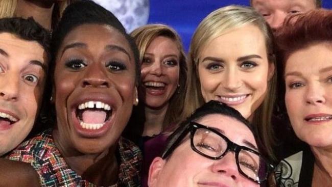 Lea DeLaria, front, with her Orange is the New Black co-stars has announced her split from Chelsea fairless. Picture: Supplied