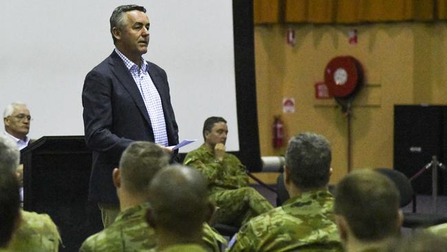 Minister Darren Chester addresses troops currently serving in the Puckapunyal Military Area during a visit on 28 April 2021. Picture: Department of Defence