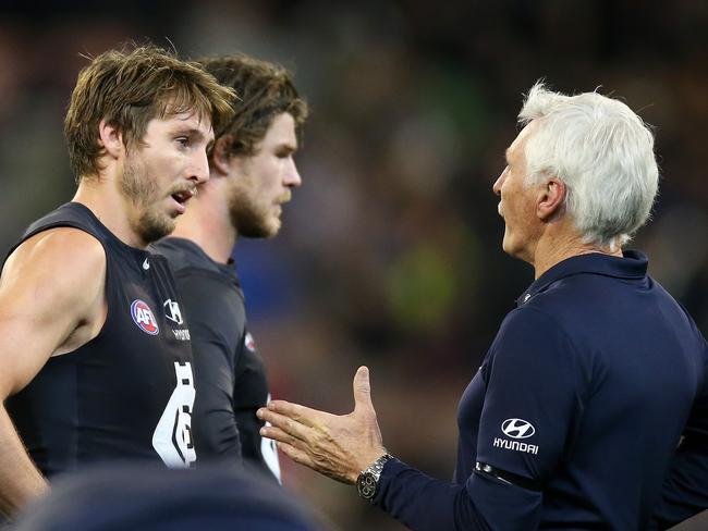 Dale Thomas and Mick Malthouse Picture: Wayne Ludbey