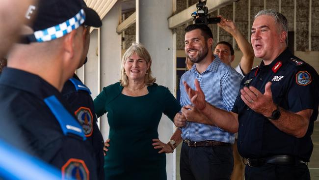 Chief Minister Eva Lawler, Police Minister Brent Potter and Police Commissioner Michael Murphy announce $200m to recruit 200 new police to the Northern Territory force. Picture: Pema Tamang Pakhrin