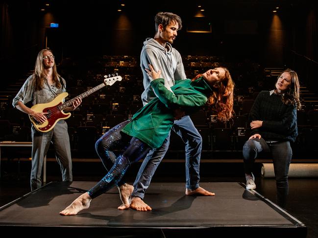 Australian Dance Theatre will perform the World's Smallest Stage, Composer Kiah Gossner (L) and Choreographer Jo Stone (R) with dancers Gabrielle Nankivell and Harrison Elliot on September 24, 2020 at The Odeon theatre, Norwood. Picture Matt Turner.