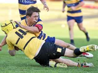 John Maloney, Dalby tackles Tom Jobling, Emus. Risdon Cup Grand Final, Goondiwindi vs Dalby. Saturday, 1st Sep, 2018. Picture: Nev Madsen