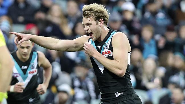 Jack Watts celebrates a goal for Port Adelaide. Picture SARAH REED