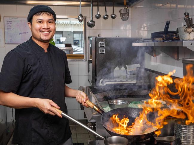 MELBOURNE, SEPTEMBER 9, 2024: Chef's rejoice after gas cooktops are back. Caption: Vivid Hawthorn executive chef Nobphadon Kaewkarn aka Chef Bird is pleased to learn gas cooktops are back on the menu after a state government backflipped on a decision to rollout induction and electric stovetops in all commercial kitchens. Picture: Mark Stewart