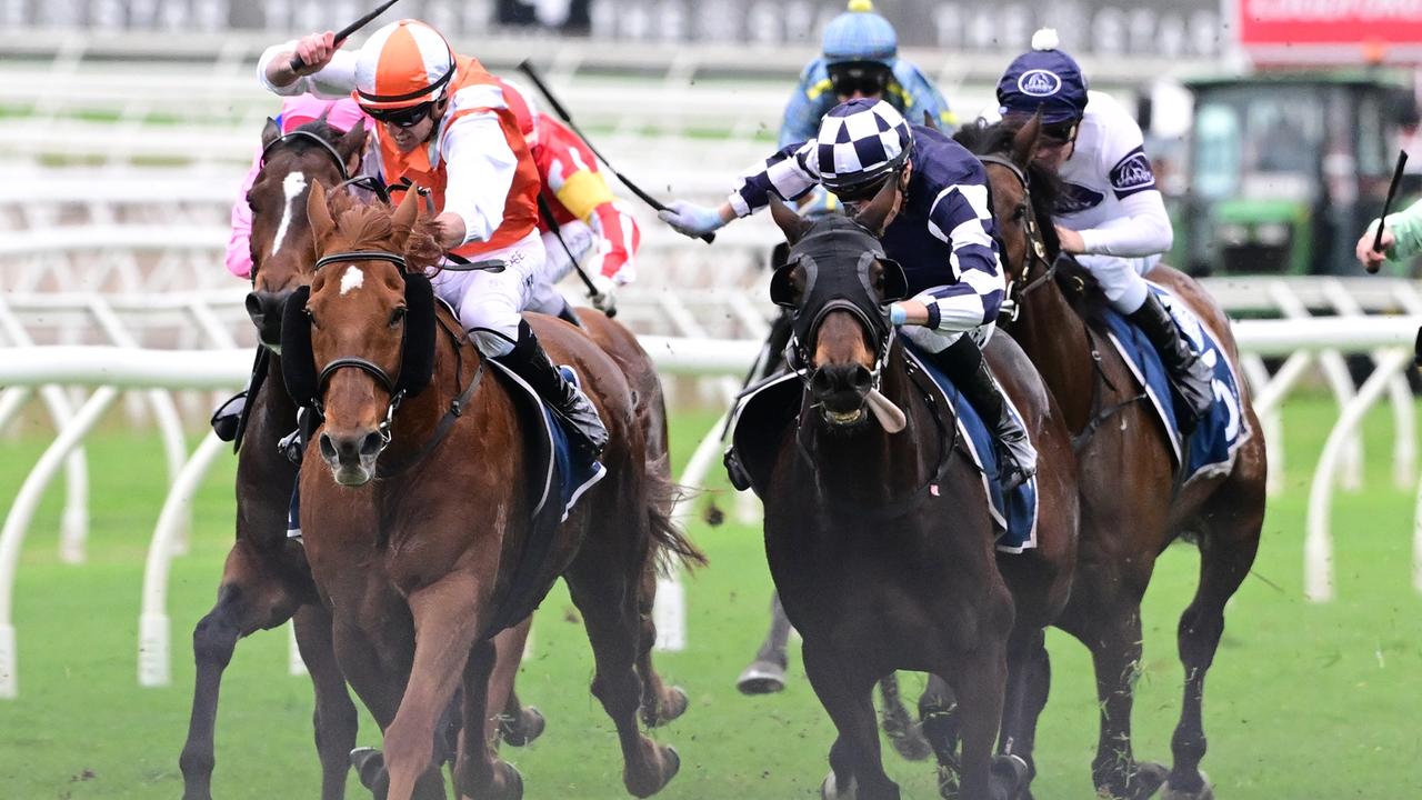 Vow And Declare (orange) denied stablemate Young Werther in the Group 3 Tattersall's Cup. Picture: Grant Peters - Trackside Photography.