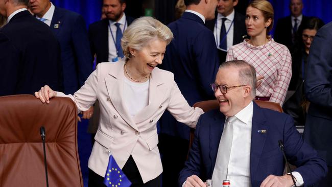 Anthony Albanese talks with President of the European Commission Ursula von der Leyen during the NATO summit.