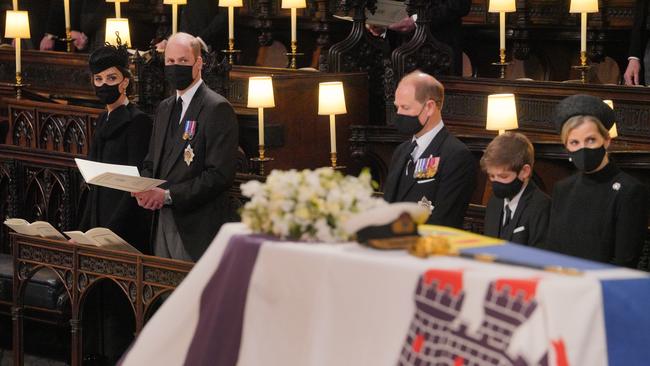 Catherine, Duchess of Cambridge, Prince William, Duke of Cambridge, Prince Edward, Earl of Wessex, James, Viscount Severn and Sophie, Countess of Wessex inside St George's Chapel. Picture: Getty