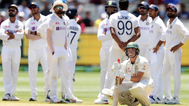 Marnus Labuschagne waits for a DRS call during the Boxing Day Test.