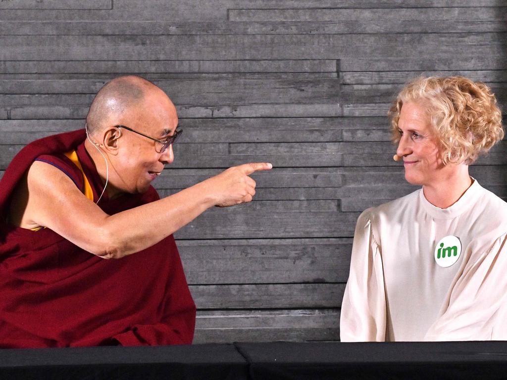 Tibetan spiritual leader the Dalai Lama (L) and IM General Secretary Ann Svensén (R) at a press meeting in Malmo, Sweden on September 12, 2018. Picture: AFP