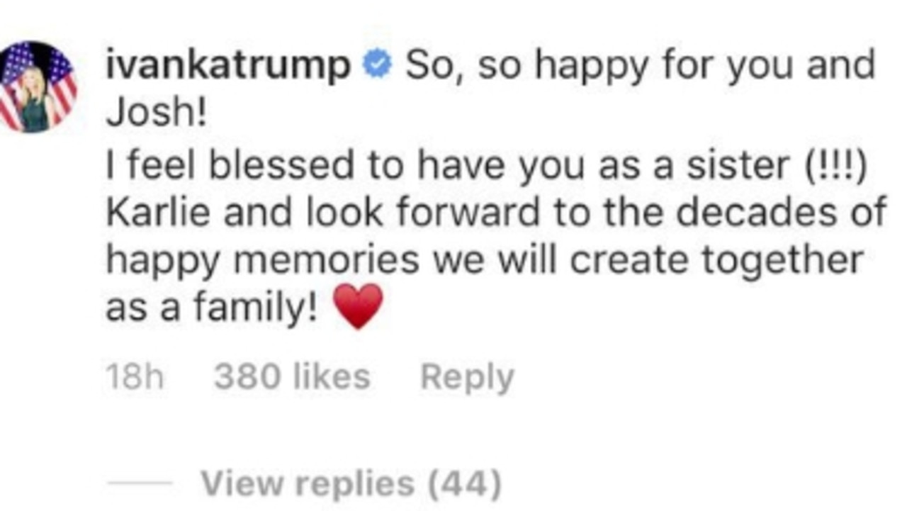 Ivanka congratulates her future sister-in-law. Picture: Instagram