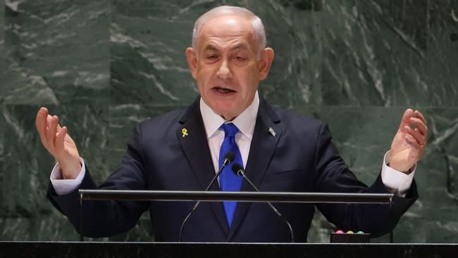 Israeli Prime Minister Benjamin Netanyahu speaks during the 79th Session of the United Nations General Assembly. Picture: AFP