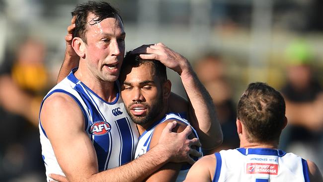 LAUNCESTON, AUSTRALIA – MAY 15: Todd Goldstein of the Kangaroos celebrates a goal during the round 9 AFL match between the Hawthorn Hawks and the North Melbourne Kangaroos at University of Tasmania Stadium on May 15, 2021 in Launceston, Australia. (Photo by Steve Bell/Getty Images)