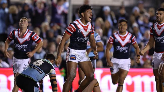 Siua Wong made his mark on the NRL with a crucial try in the elimination final win over the Sharks. Picture: Mark Metcalfe/Getty Images