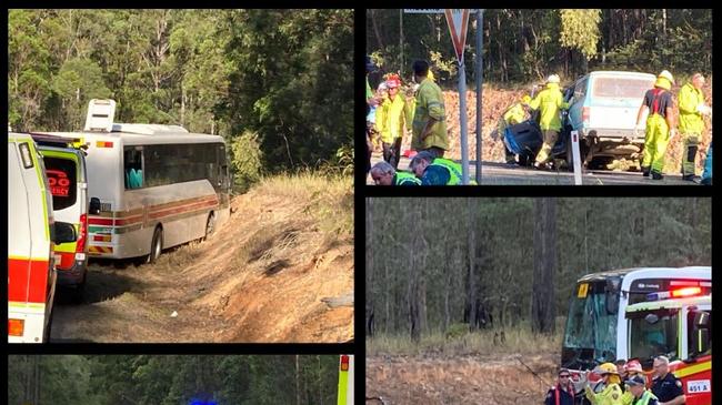 Police have confirmed a man died at the scene of cars between bus full of children and a Ute at Wolvi on Tuesday. Photos: Scott Kovacevic