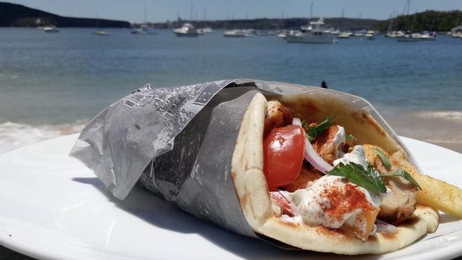 Food from Kazzi Beach Greek at Balmoral. Pictured, the famous chicken, lamb or pork Wrap ‘N’ Run.